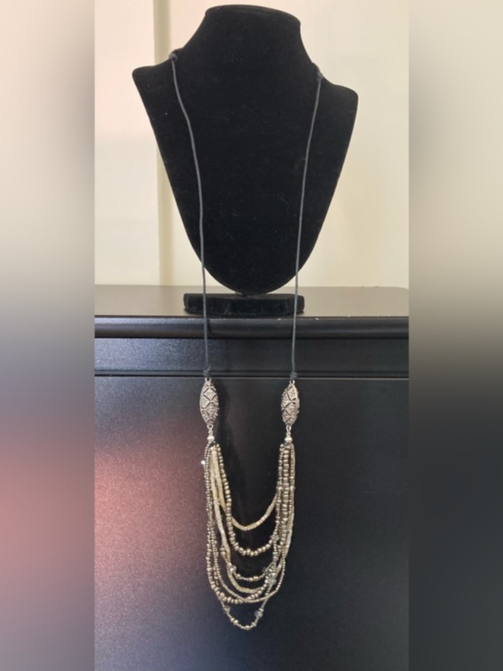 Multi-Strand Beaded Necklace with Silver Accents - Black